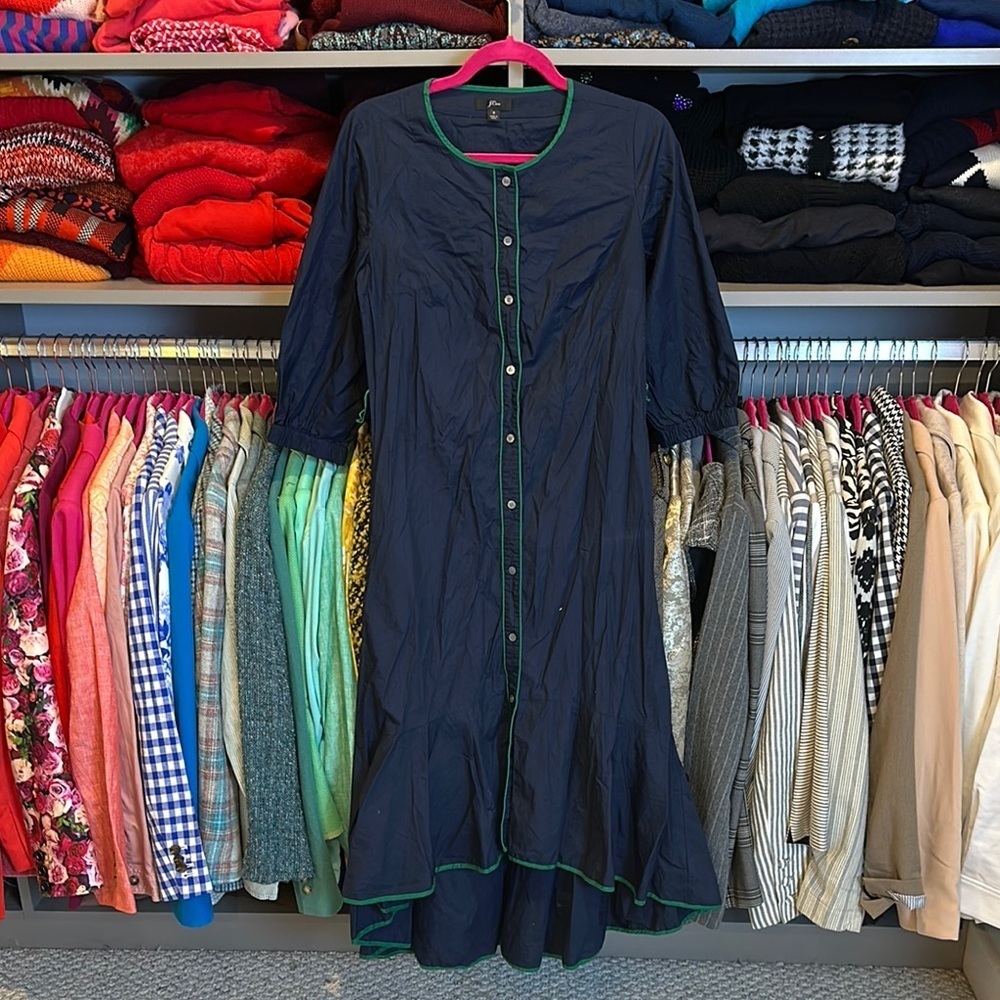 J Crew navy/green piping button down 3/4 elastic cuff midi dress size 2